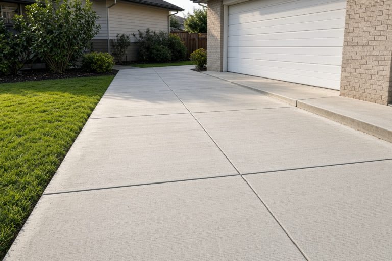 Finished broom-finish driveway beside a closed garage — Concrete Replacement Companies in Griffith