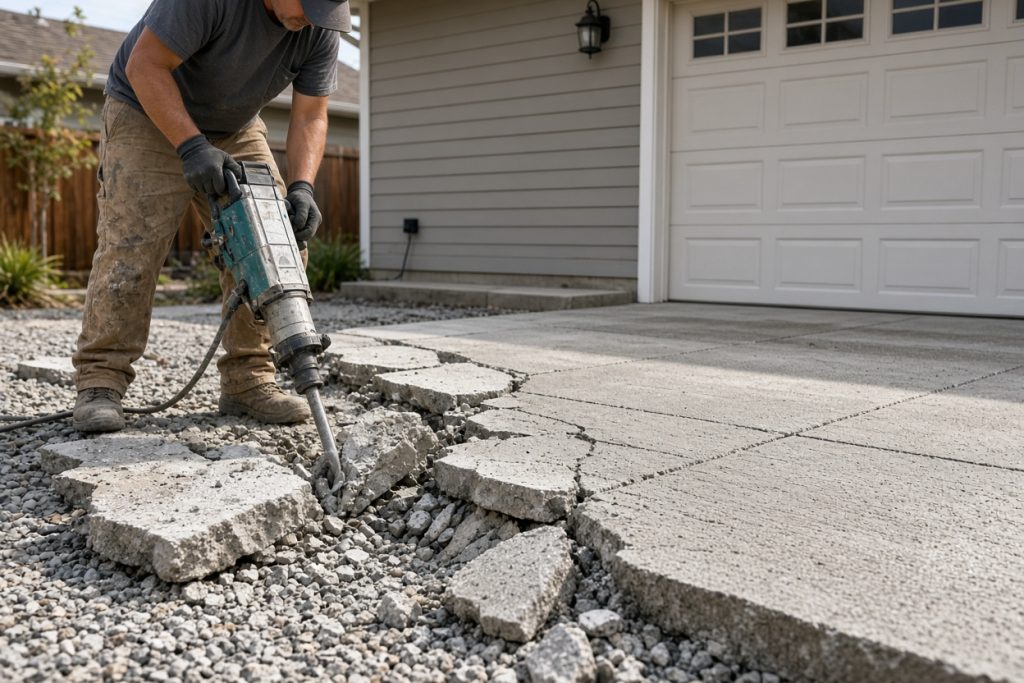 Crew breaking out a scaled driveway slab — Concrete Replacement Companies in Griffith