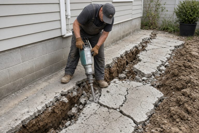 Crew breaking out a low walk beside a foundation — Concrete Replacement Companies in Hobart