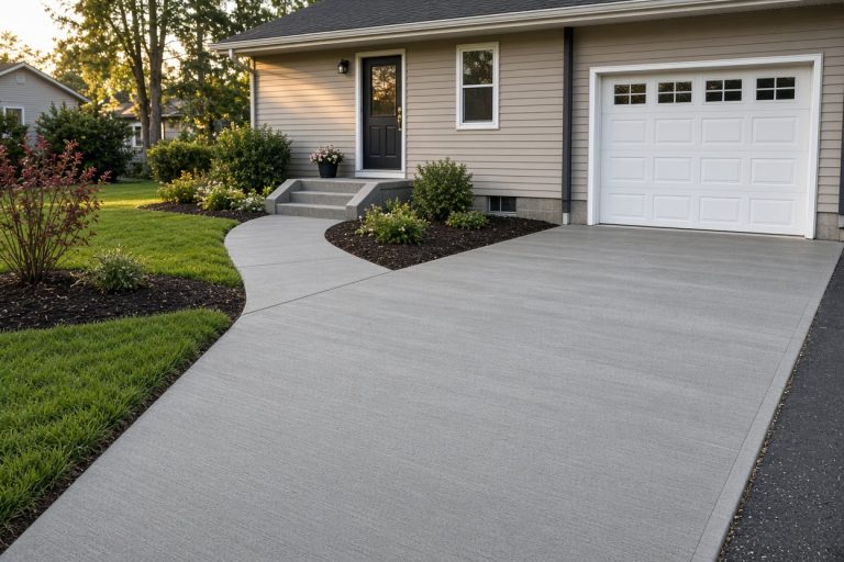 Finished driveway and front walk beside a house - Concrete Replacement Companies in Lake Station
