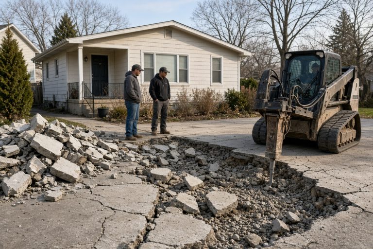 Crew breaking out an old driveway slab - Concrete Replacement Companies in Lake Station