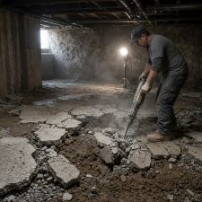 Crew breaking out a cracked basement slab — Concrete Replacement Companies in Lowell