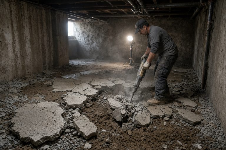 Crew breaking out a cracked basement slab — Concrete Replacement Companies in Lowell