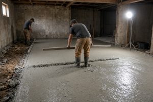 Wet concrete being screeded across a basement — Concrete Replacement Companies in Lowell