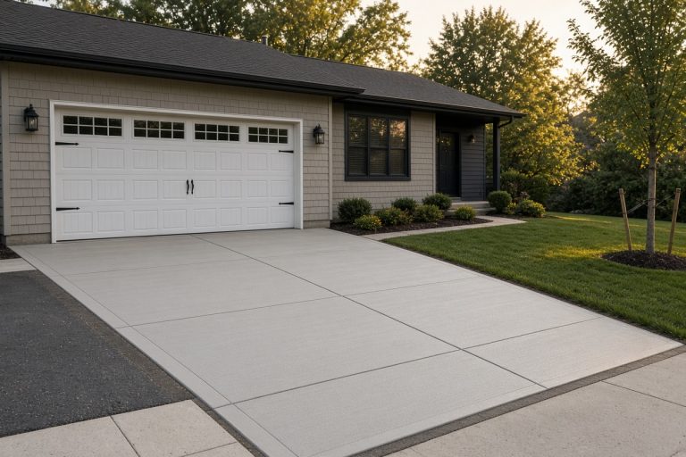 Smooth new concrete driveway with a broom finish beside a ranch garage — Concrete Replacement Companies in Merrillville