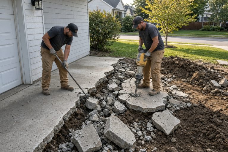 Crew breaking out an old driveway slab next to a garage — Concrete Replacement Companies in Merrillville