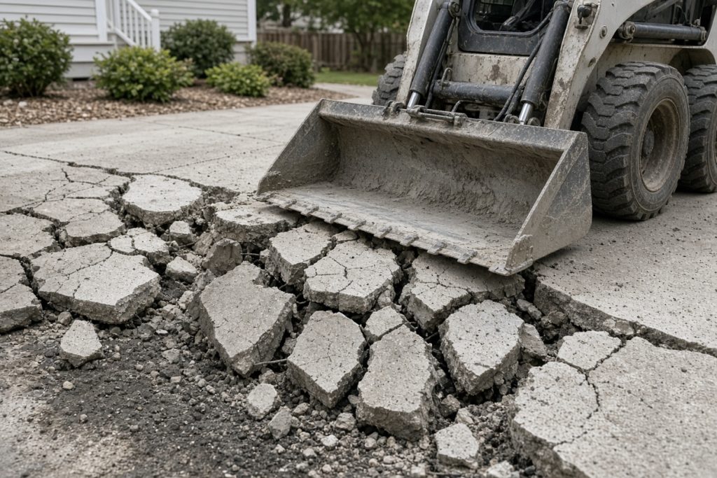 Crew breaking out a failed driveway slab with a skid steer — Concrete Replacement in South Haven