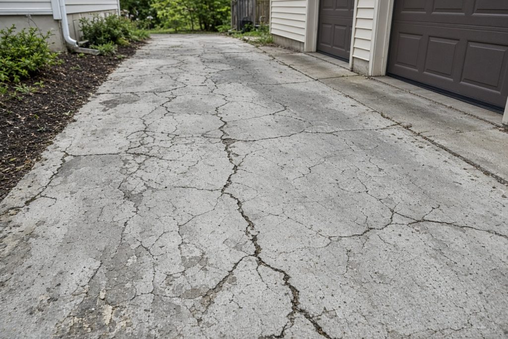 Scaled, cracked driveway slab beside a garage — Concrete Replacement in South Haven