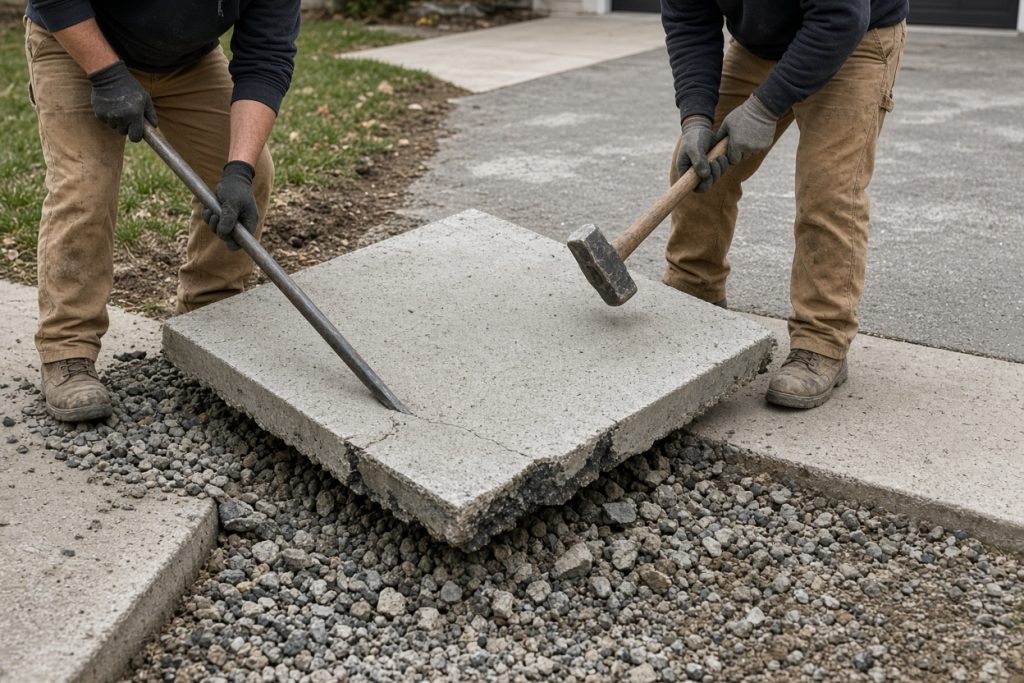 Crew breaking out a heaved walk panel next to a driveway — Concrete Replacement in Valparaiso