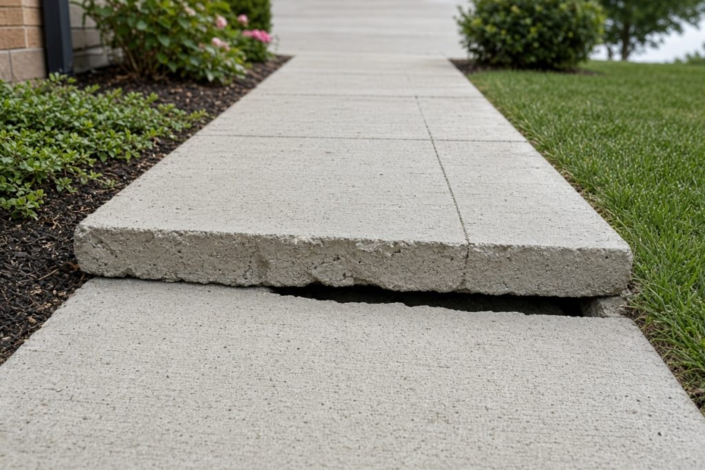 Heaved sidewalk joint with a raised trip edge along a front walk — Concrete Replacement in Valparaiso