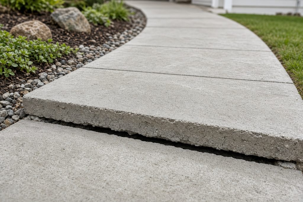 Heaved sidewalk joint with a raised trip edge along a front walk — Concrete Replacement in Valparaiso