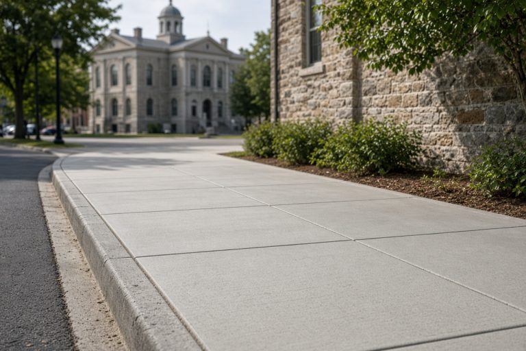 Finished sidewalk panels beside a stone courthouse square - Concrete Sidewalks in Crown Point
