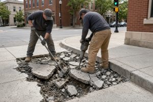 Crew breaking out a damaged sidewalk panel at a corner - Concrete Sidewalks in Crown Point