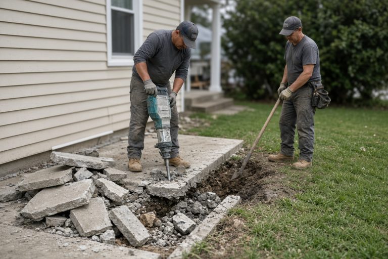 Crew removing a raised sidewalk square beside a front yard, Concrete Sidewalks in Gary