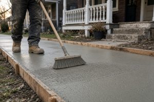 Crew finishing a fresh front walk with a broom, Concrete Sidewalks in Gary