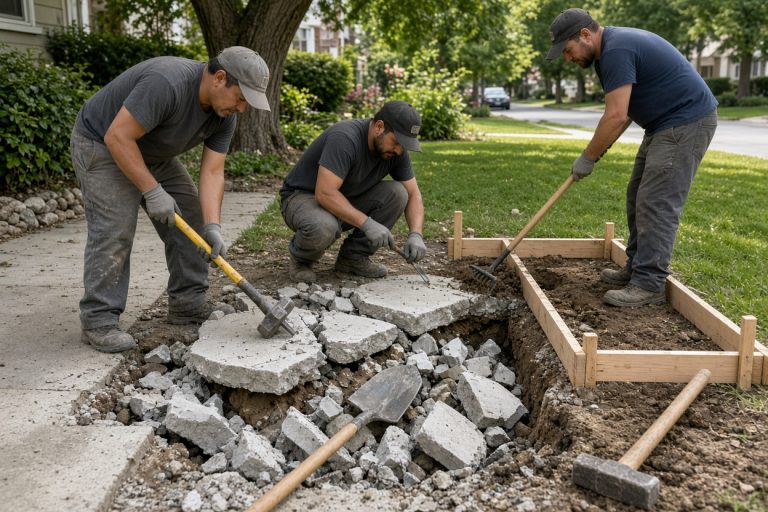 Crew breaking out an old sidewalk panel beside new forms — Concrete Sidewalks in Griffith