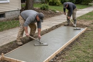 Workers pouring fresh concrete in sidewalk forms — Concrete Sidewalks in Hobart