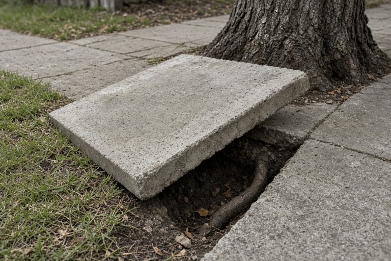Tipped sidewalk panel beside a mature tree — Concrete Sidewalks in Hobart