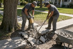 Crew breaking out a heaved sidewalk square — Concrete Sidewalks in La Porte