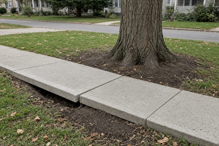 Lifted sidewalk panel at a maple trunk — Concrete Sidewalks in La Porte