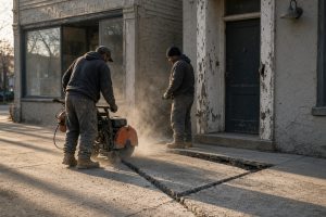 Crew cutting out a settled sidewalk panel at a shop entry — Concrete Sidewalks in Lowell