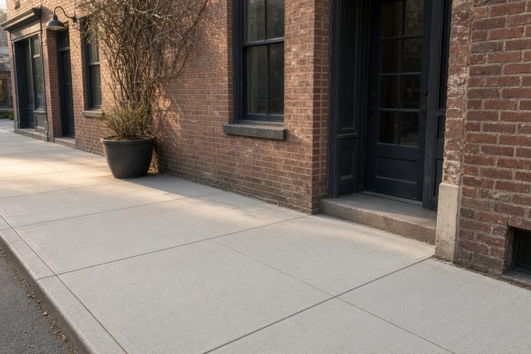 Finished even sidewalk in front of an older brick shop — Concrete Sidewalks in Lowell