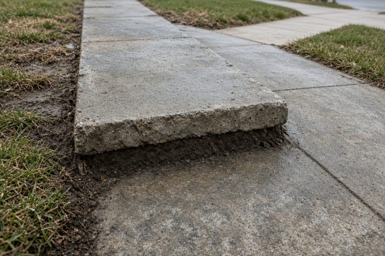 Lifted sidewalk joint with one square higher than the next — Concrete Sidewalks in Merrillville