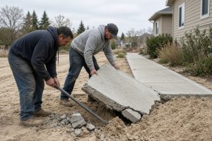 Crew breaking out a tilted walk panel on dune sand - Concrete Sidewalks in Ogden Dunes