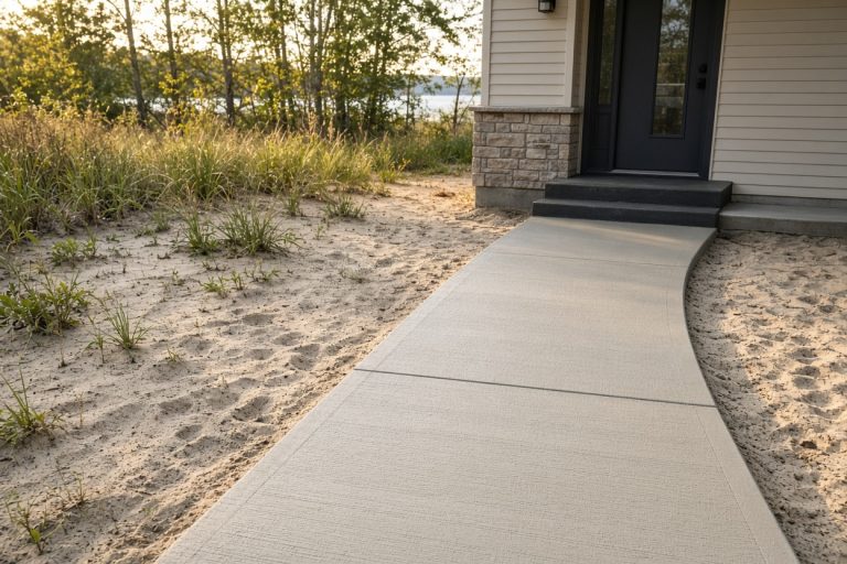 New front walk with a broom finish up to a house door - Concrete Sidewalks in Ogden Dunes