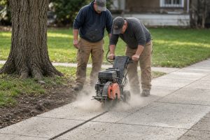 Crew sawing out a raised sidewalk panel beside a front yard - Concrete Sidewalks in Portage