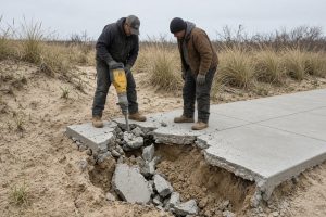 Crew breaking out heaved sidewalk panels on a sandy lot — Concrete Sidewalks in Porter