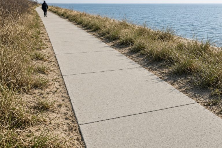 Straight broom-finish sidewalk beside dune grass near the lake — Concrete Sidewalks in Porter