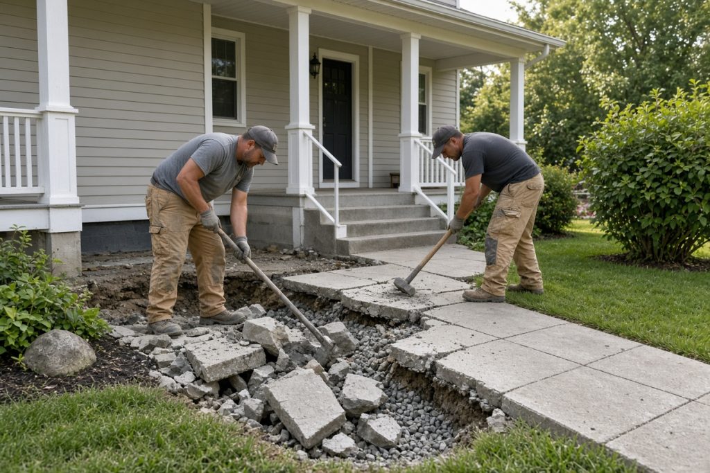 Crew breaking out a heaved front walk, Concrete Sidewalks in South Haven
