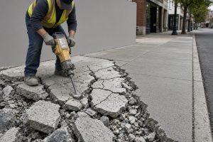 Crew breaking out a heaved sidewalk panel on a downtown walk — Concrete Sidewalks in Valparaiso