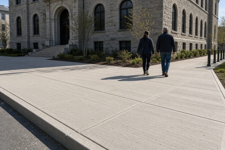 Finished broom-finish sidewalk with even joints by a stone civic building — Concrete Sidewalks in Valparaiso