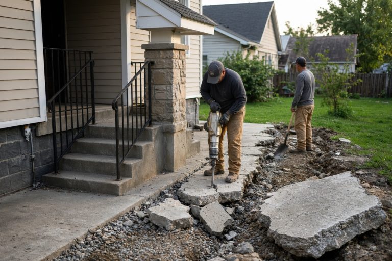 Crew breaking out a heaved walk beside a stoop — Concrete Sidewalks in Wheeler