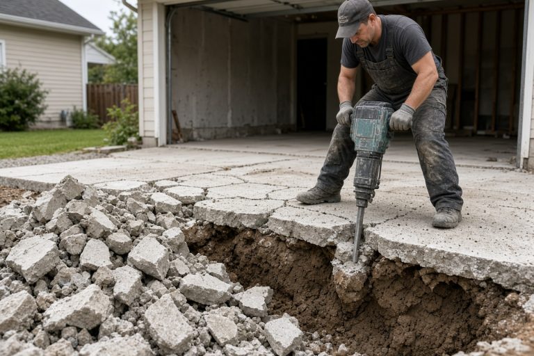 Crew breaking out a heaved garage slab with clay in view — Concrete Slabs in Crown Point