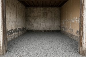 Stone base graded inside an empty older garage — Concrete Slabs in East Chicago