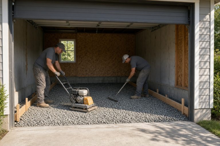 Crew compacting stone base inside an open garage — Concrete Slabs in Griffith