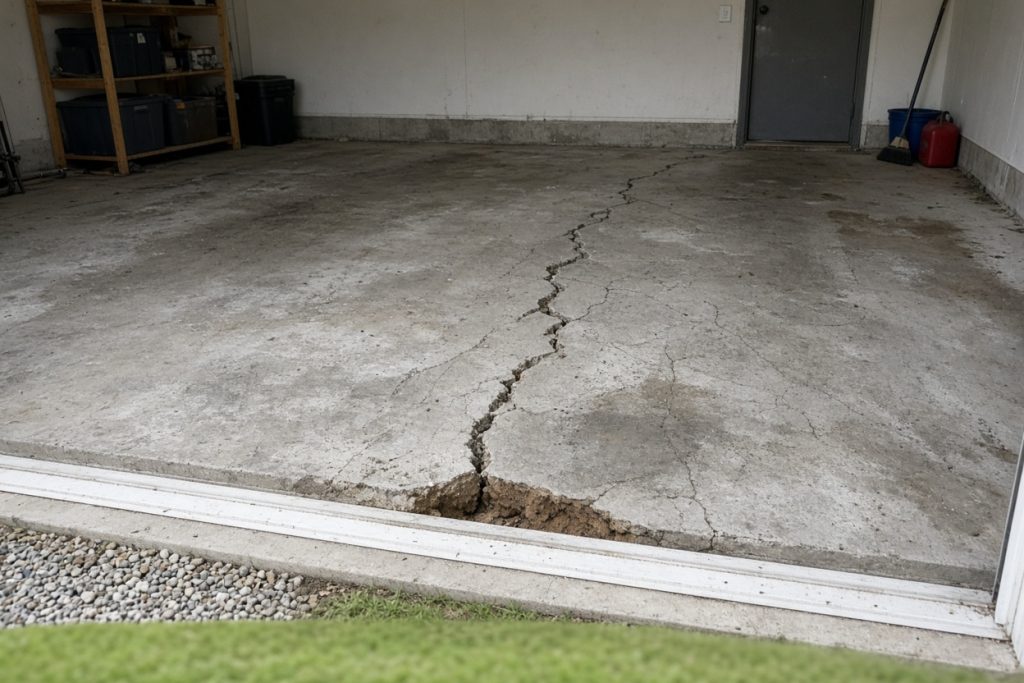 Cracked garage floor with a low spot near the door — Concrete Slabs in Griffith