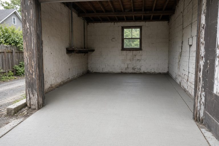 Finished broom-finish garage slab in a detached alley garage, Concrete Slabs in Hammond