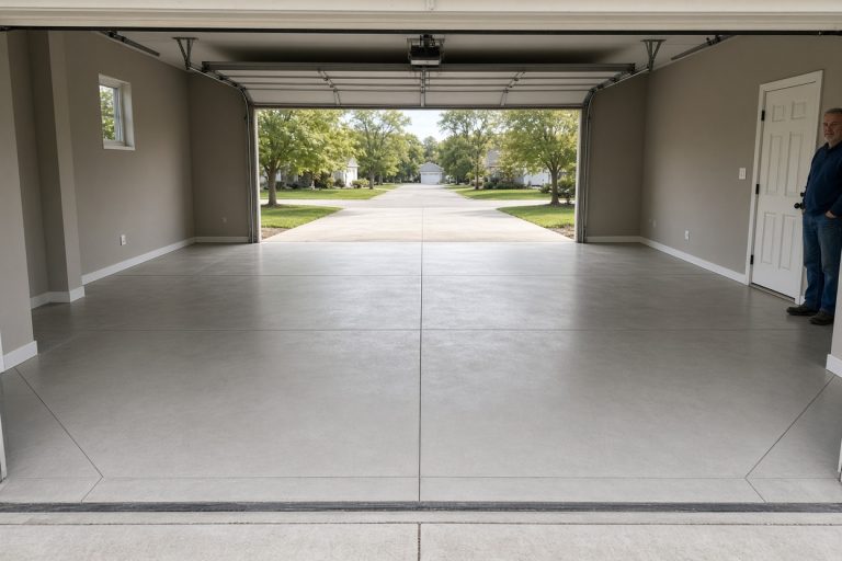 Finished ranch garage slab with control joints and a level apron — Concrete Slabs in Highland