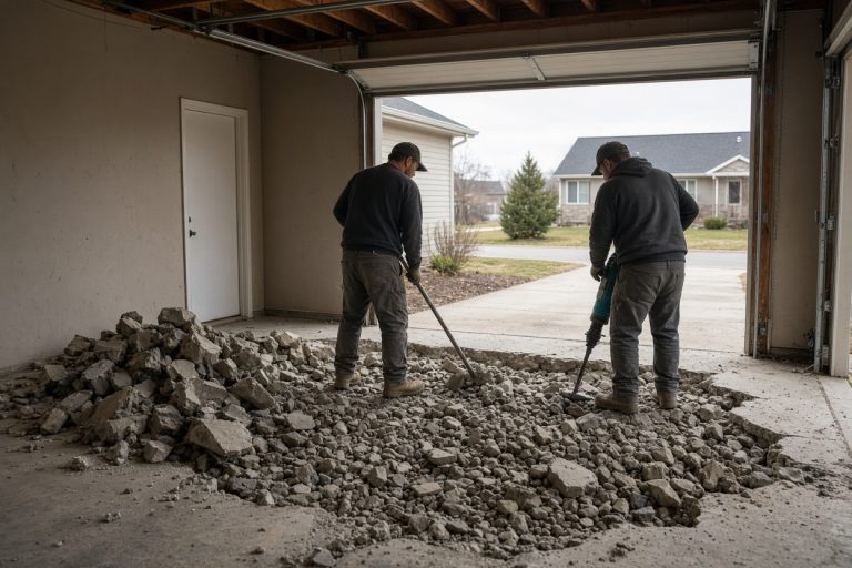 Crew breaking out a cracked garage slab down to the base — Concrete Slabs in Highland