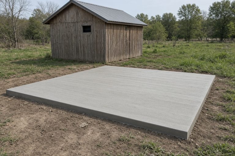 Finished shed slab with a pitched edge beside a wooden outbuilding — Concrete Slabs in La Porte