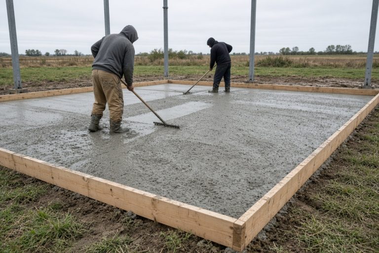 Wet concrete placed in forms for a rural shop slab — Concrete Slabs in La Porte