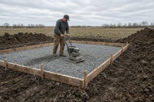 Crew compacting stone inside forms for a shed pad — Concrete Slabs in La Porte