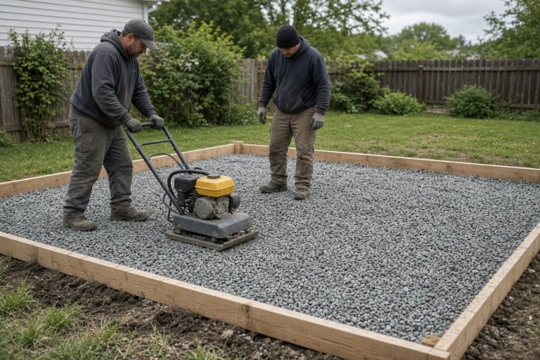 Crew compacting stone inside forms for a backyard pad — Concrete Slabs in Merrillville