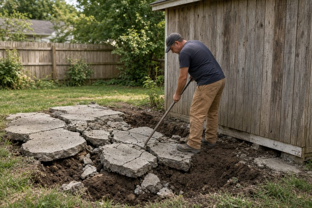 Old sunken pad broken out next to a backyard shed — Concrete Slabs in Merrillville