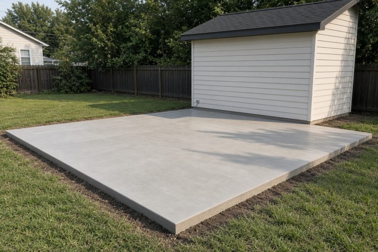 Level shed on a fresh concrete pad in a backyard — Concrete Slabs in Merrillville