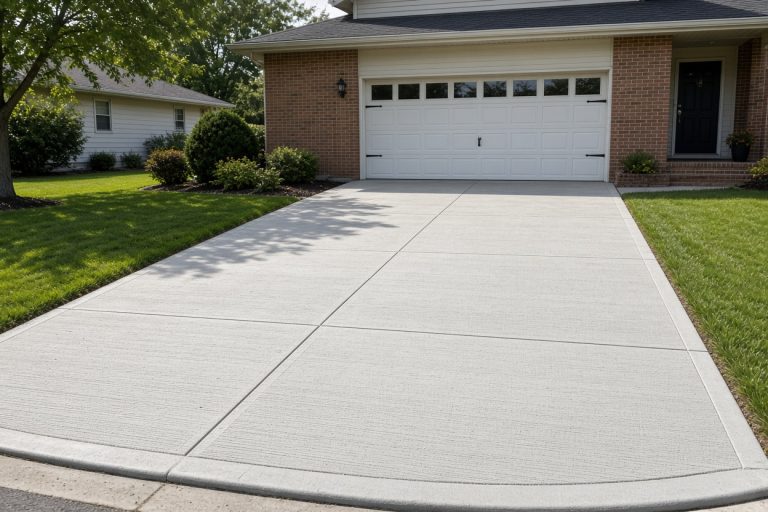 Smooth new broom-finish driveway from the apron to a garage, Concrete Slabs in Munster